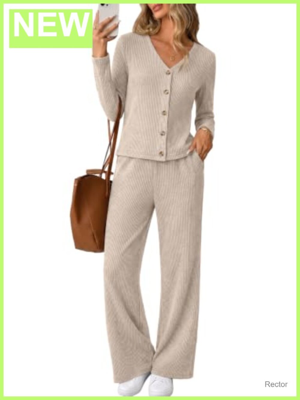 Women's 2 Piece Ribbed Knit Button Front Loungewear Set Flare Pant Set